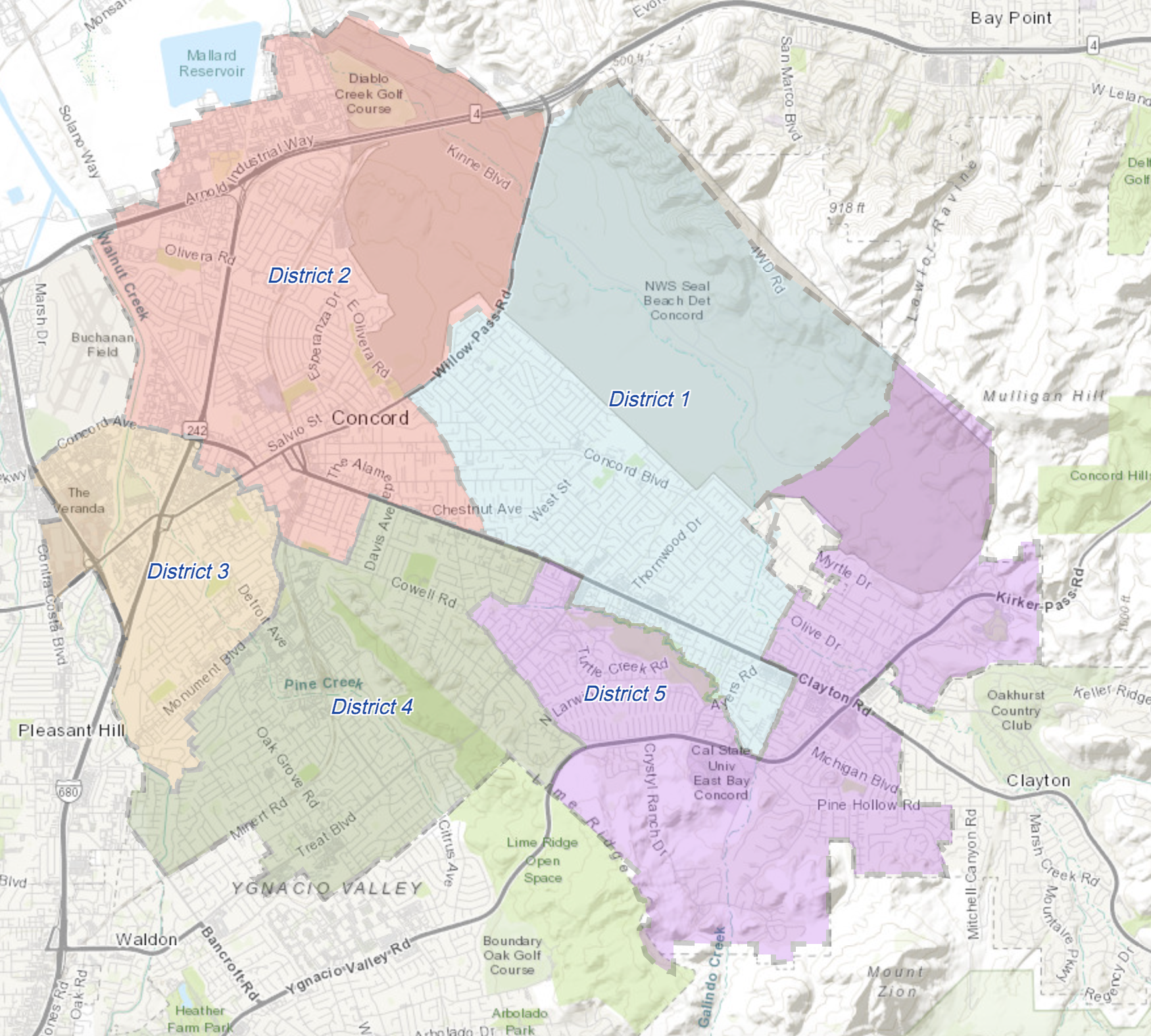 Map of the current Concord, CA Council Districts